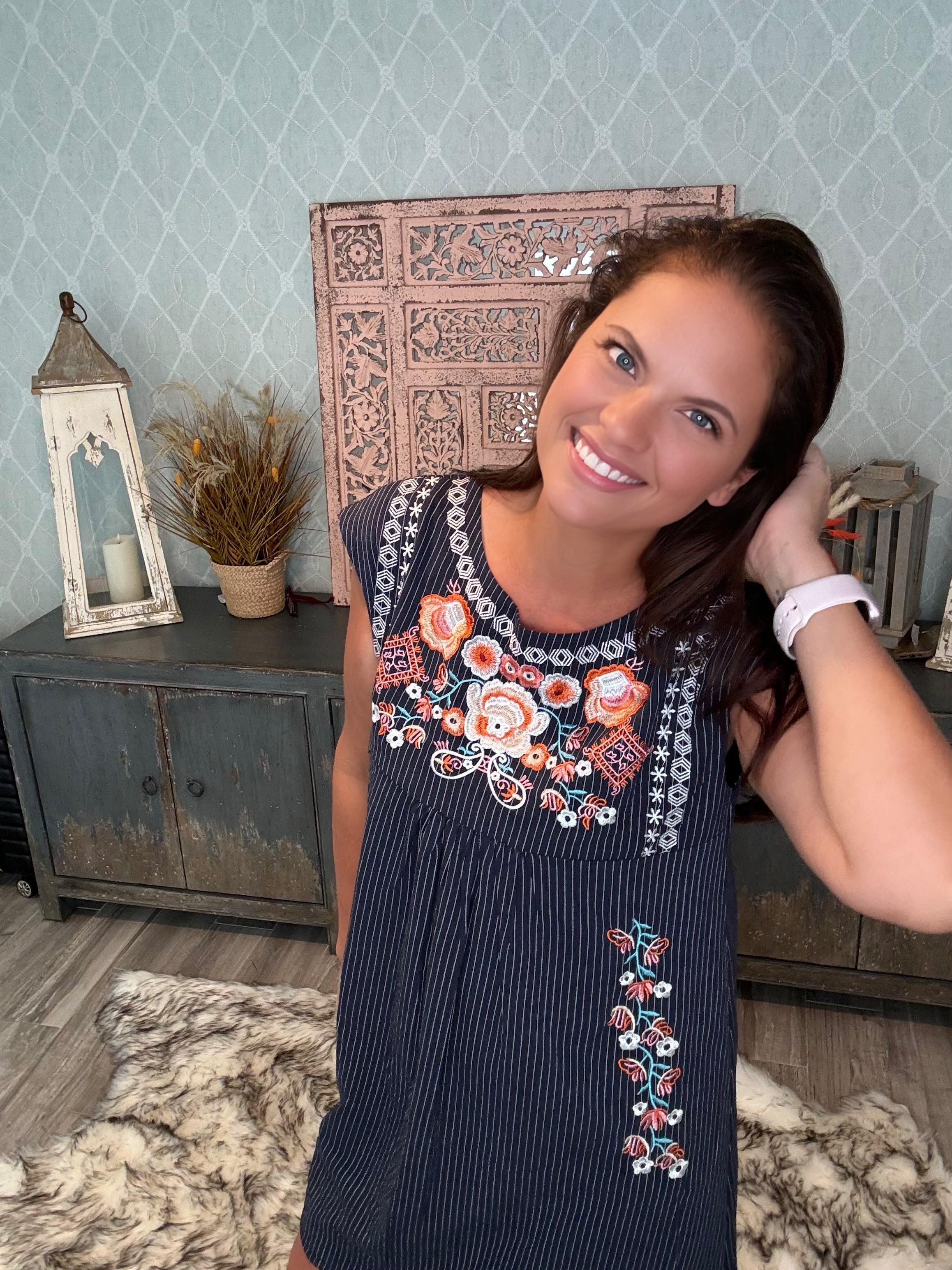 Folk Flair: Navy Sundress with a Pop of Floral Embroidery - BFF Here