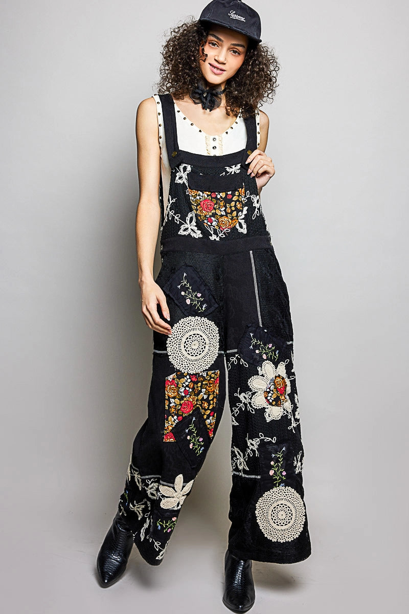 Floral Patch Stitch Detail Wide Leg Woven Overalls by POL (Ships 2-3 weeks) - BFF Here
