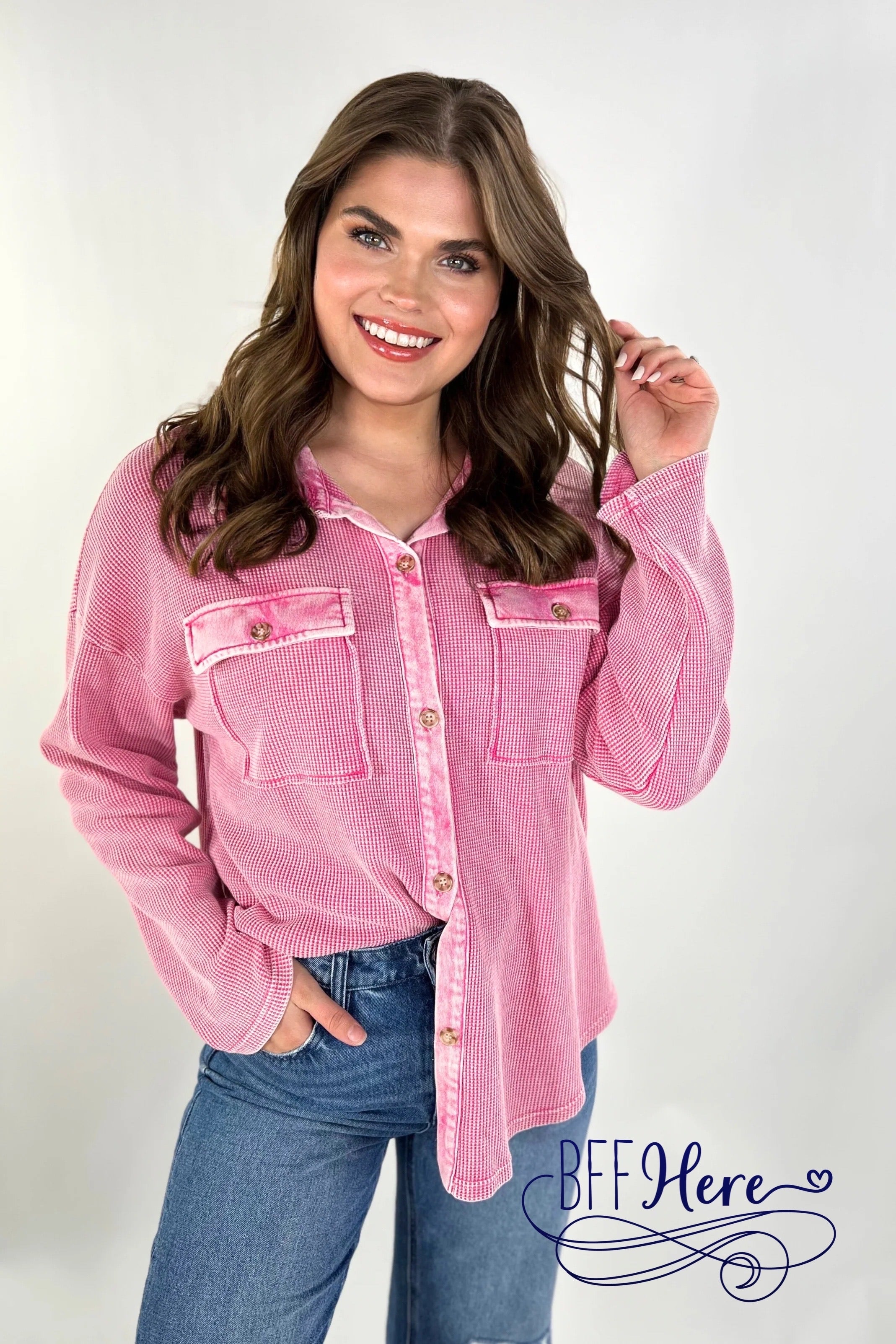 PREORDER-Shelby Waffle Button Up Top / Pink (Ships End of December ) - BFF Here