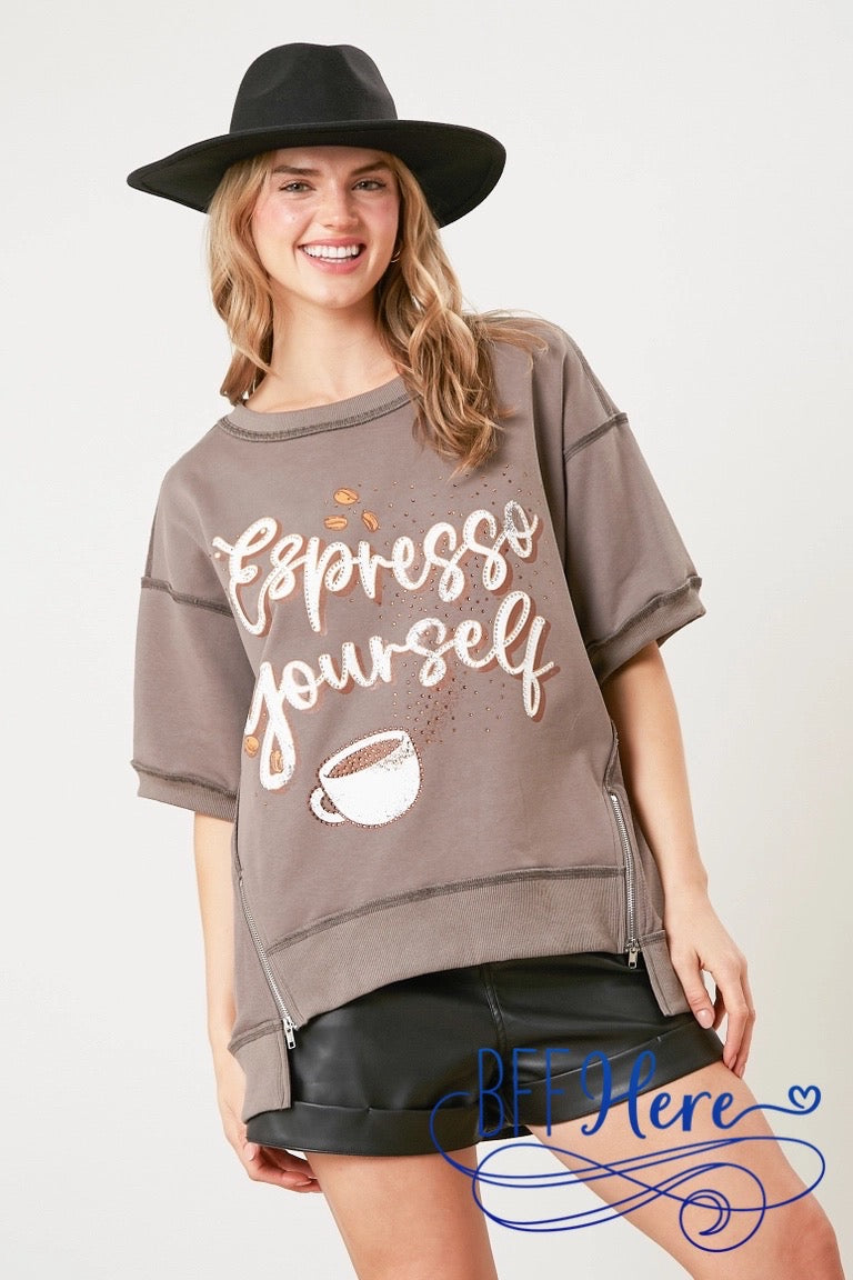 PREORDER: Caffeine Chic: 'Expresso Yourself' Zipper Detail Top / Choice of Color (Ships End of February) - BFF Here