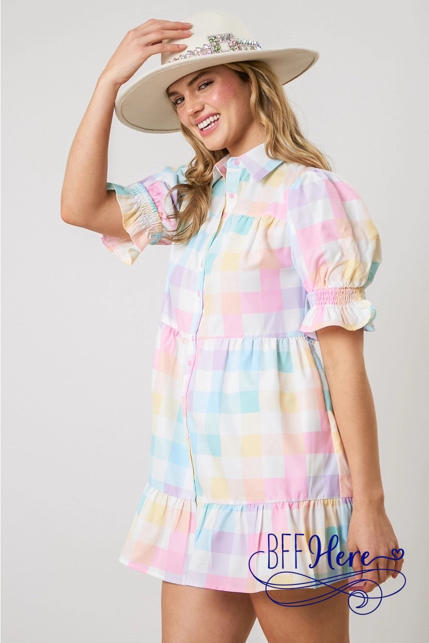 PREORDER: Pastel Perfection: Chic Checker Poplin Shirt Dress (Ships Middle of March) - BFF Here
