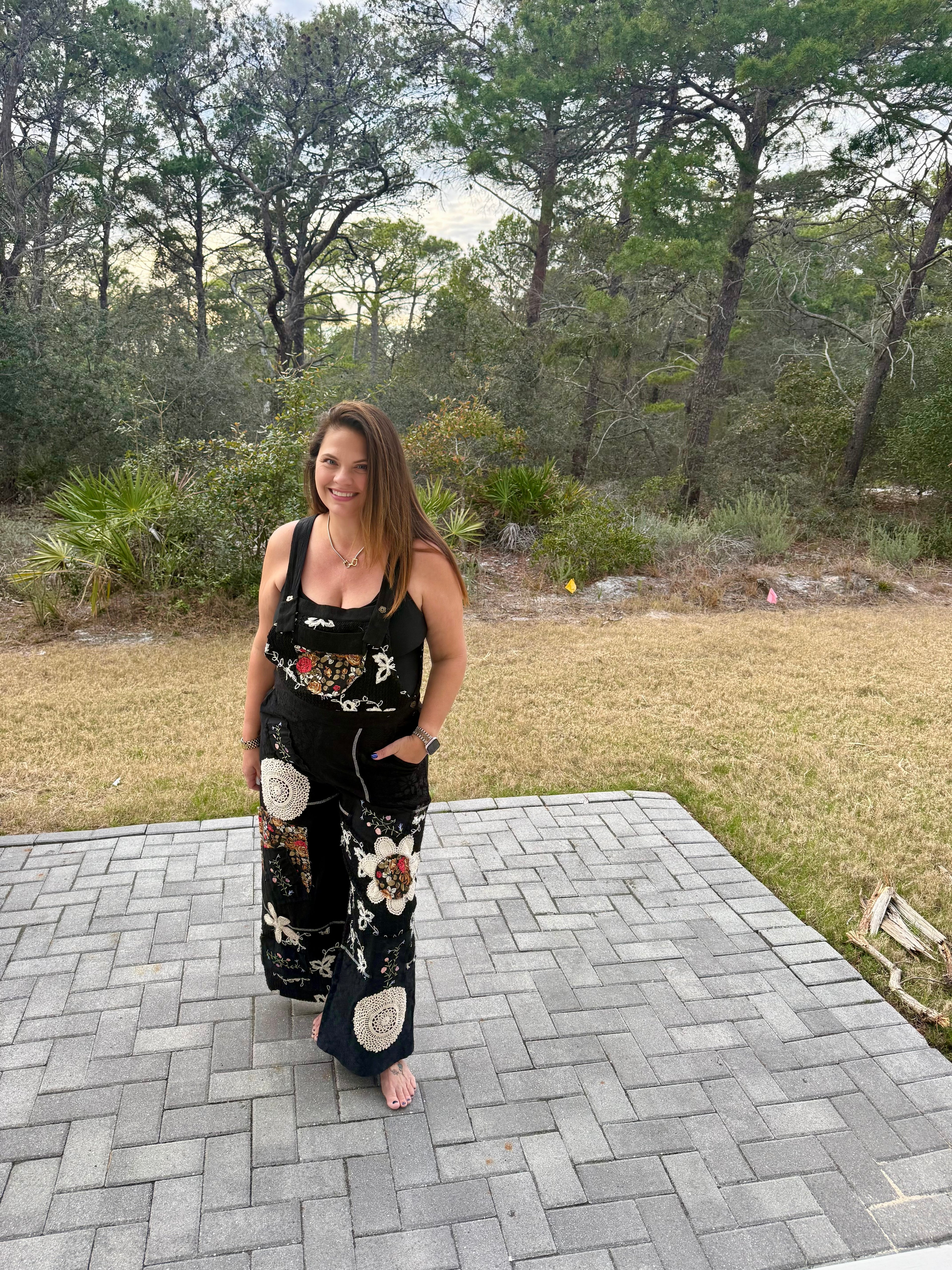 Floral Patch Stitch Detail Wide Leg Woven Overalls by POL (Ships 2-3 weeks) - BFF Here