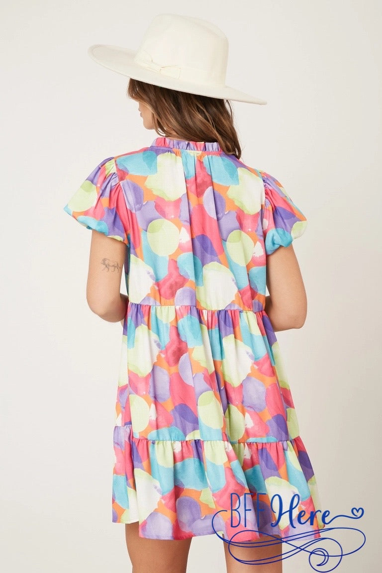 Color Cascade: Multicolor Linen Ruffle Dress - BFF Here