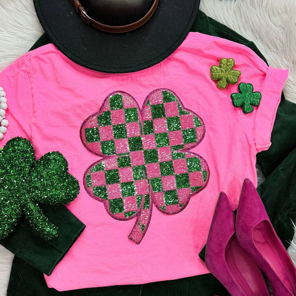 Pink Plaid Sequin Shamrock Tee - BFF Here