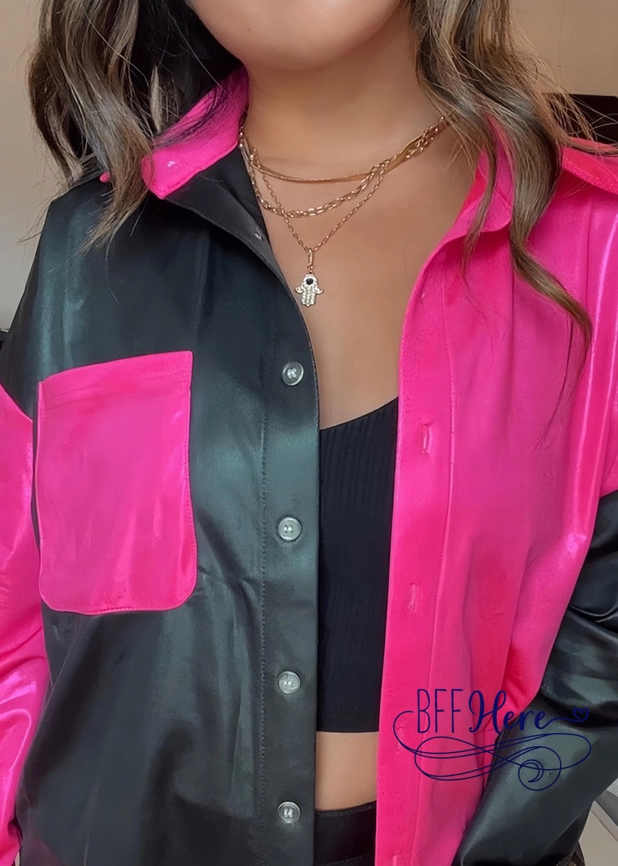 Vibrant Vogue: Hot Pink & Jet Black Pebble Leather Chic Button-Up - BFF Here