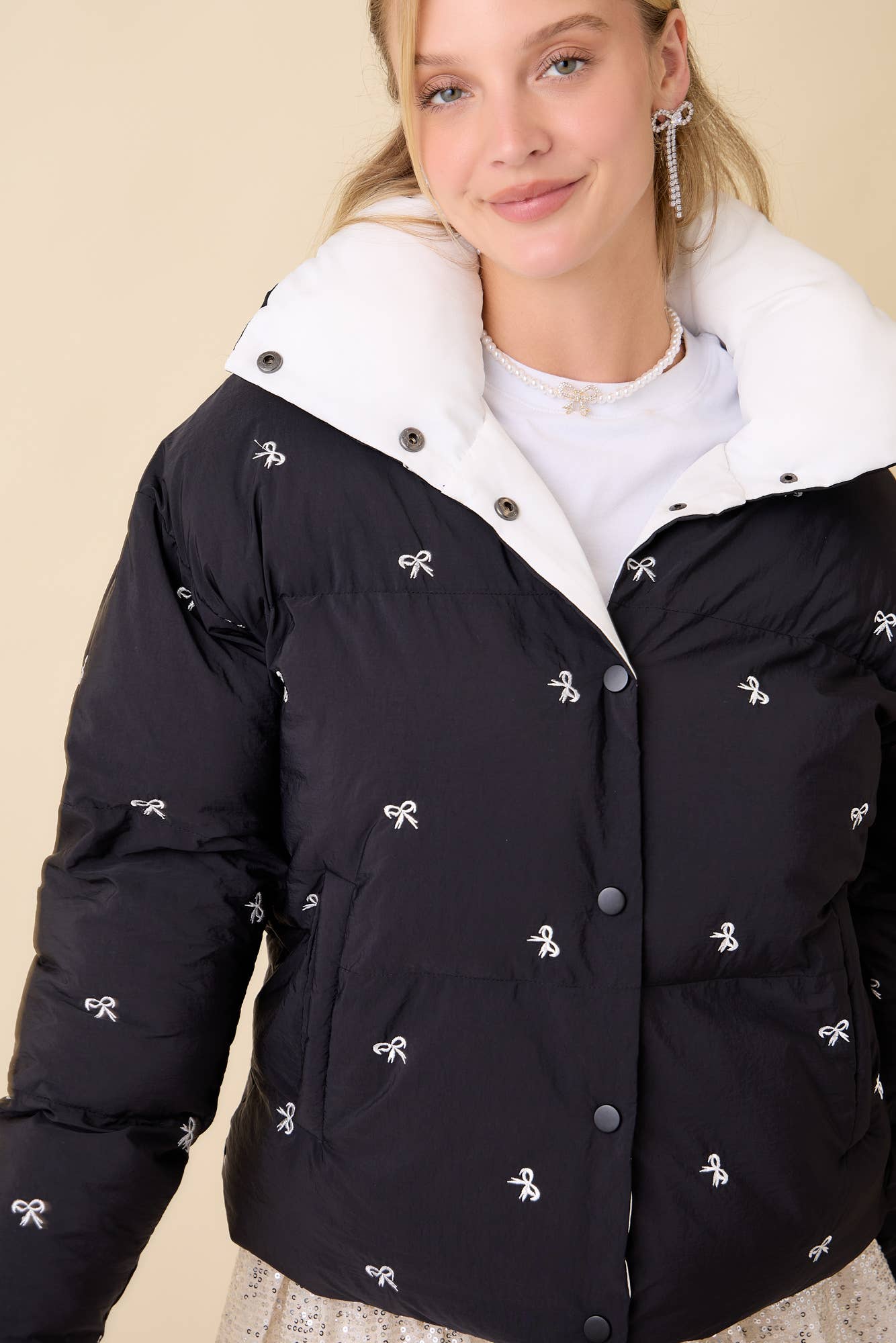 Ribbon Bow Embroidered Puffer Jacket - BFF Here