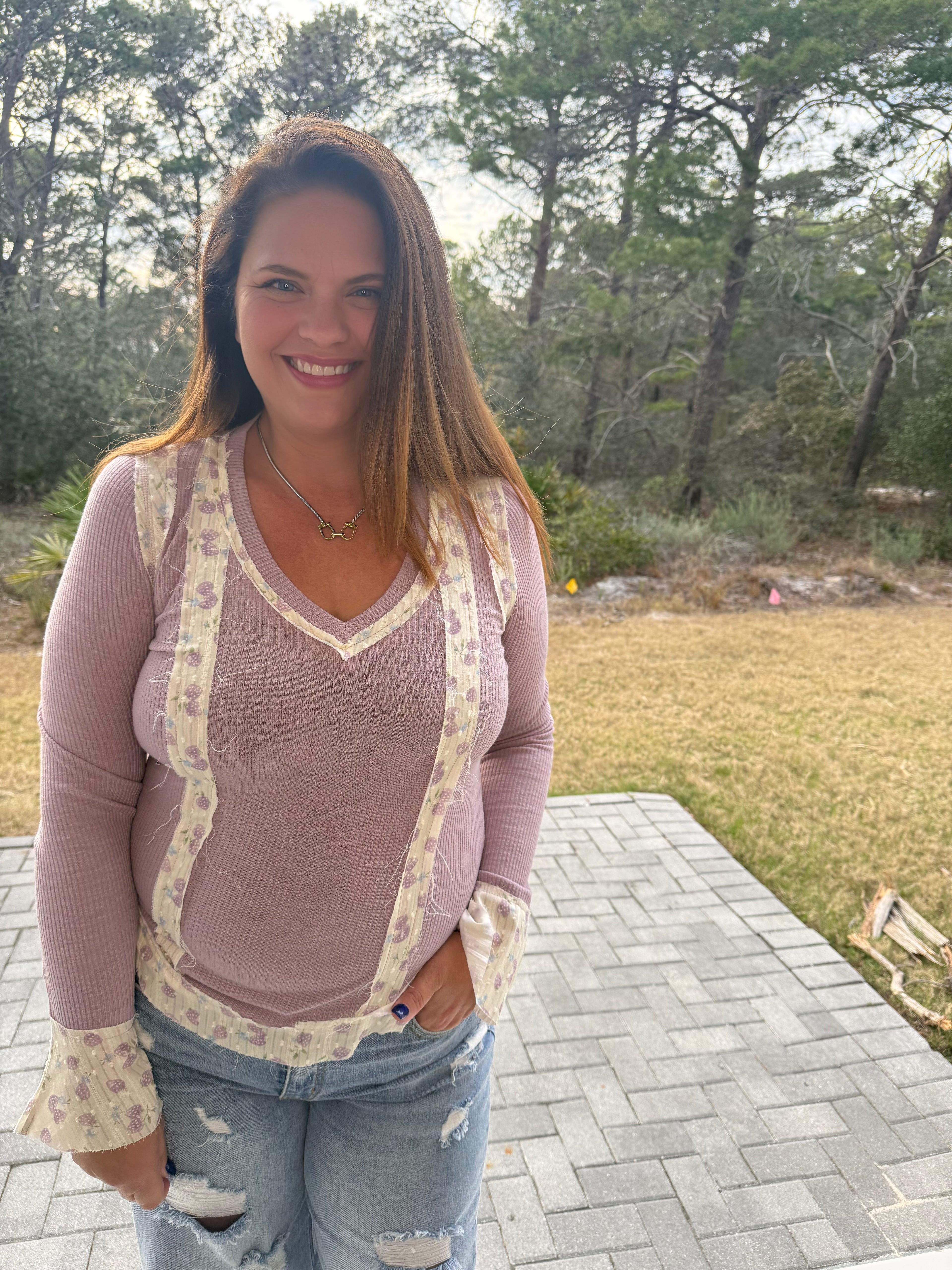 Long Sleeve V Neck Print Patch Ruffle Rib Knit Top by POL (Ships 2-3 weeks) - BFF Here