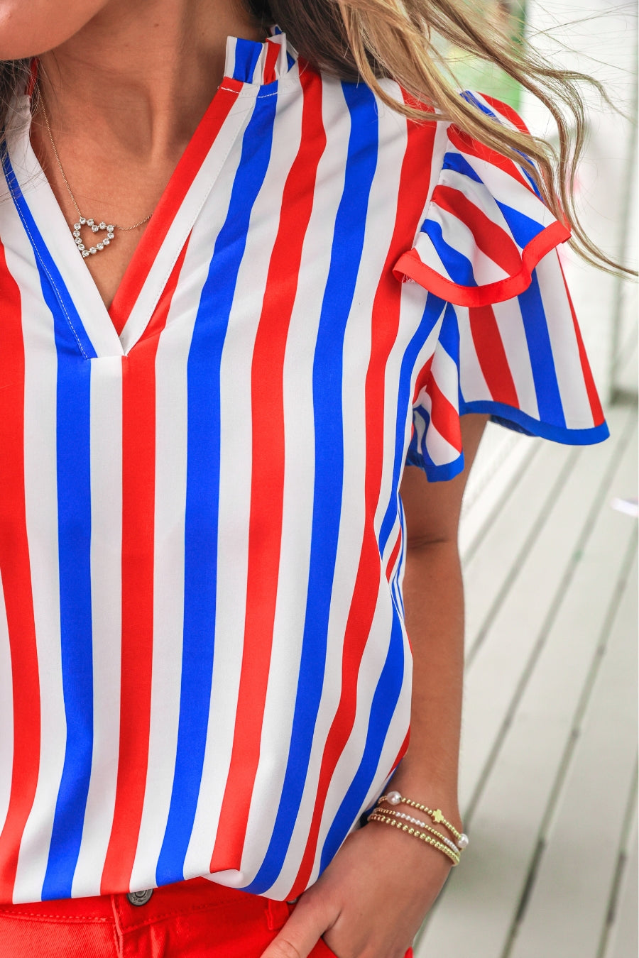 PREORDER- Kennedy Flutter Sleeve Blouse- Patriotic Stripes - BFF Here