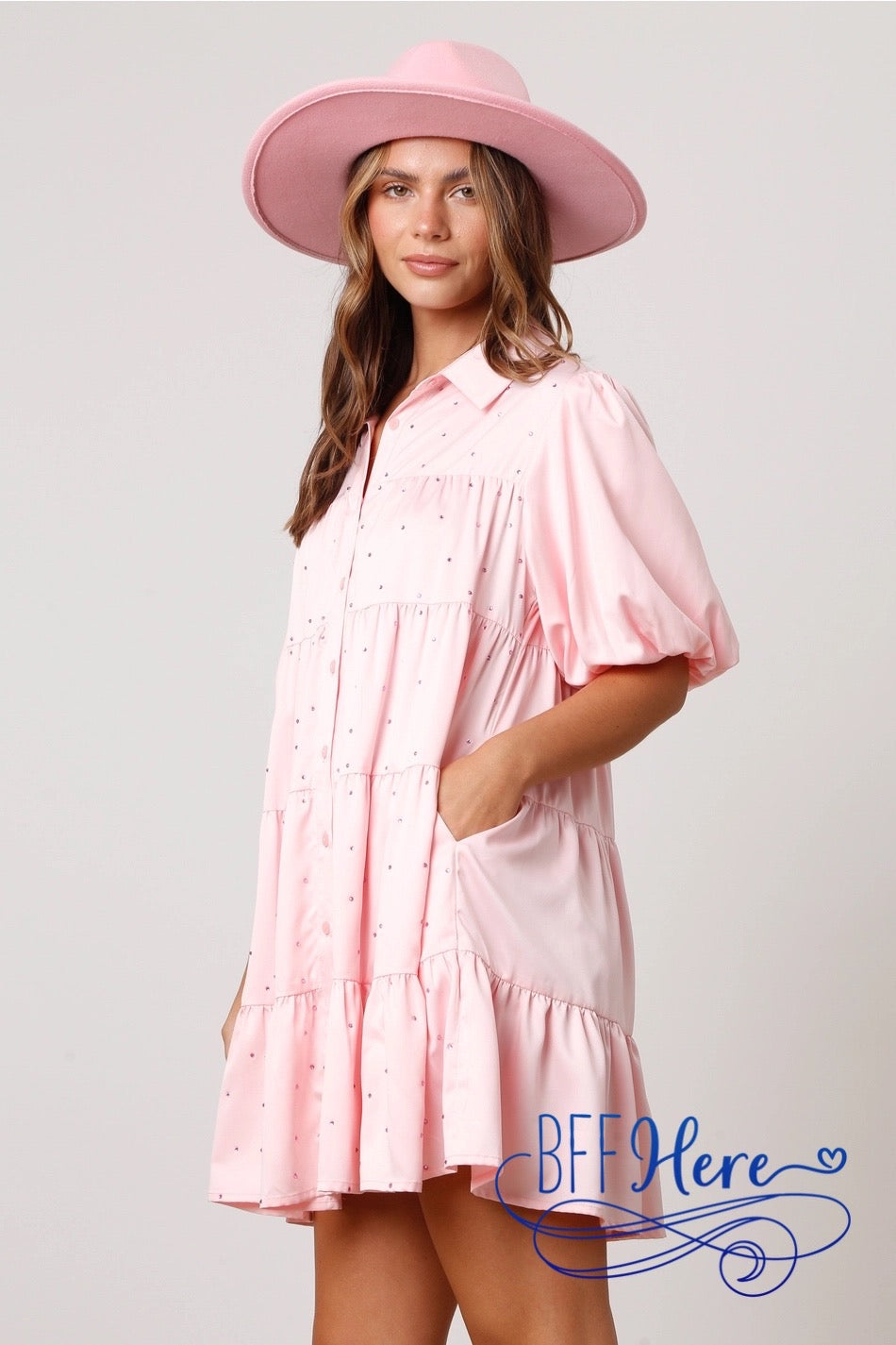 PREORDER: Pink Perfection: Rhinestone Embellished Satin Shirt Dress (Ships End of January) - BFF Here