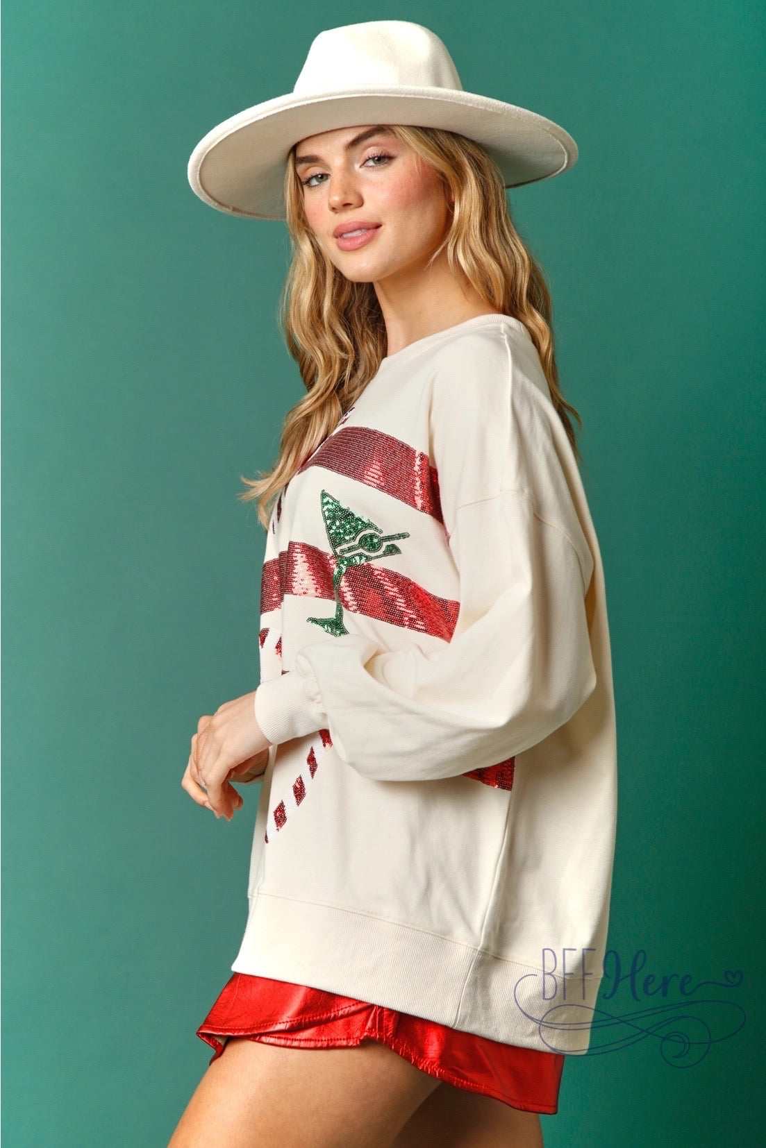 Sips & Stripes: Candy Cane and Holiday Drink Sequin Sweatshirt (Cream Ships Beginning Of November) - BFF Here