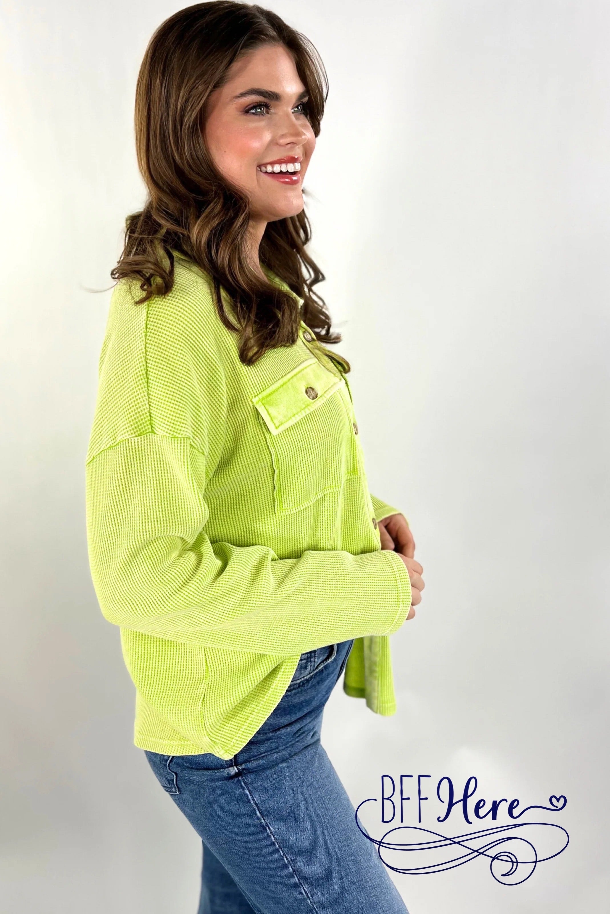 PREORDER-Shelby Waffle Button Up Top / Lime (Ships End of December ) - BFF Here