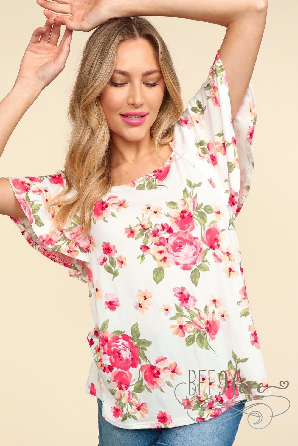 PREORDER: Rose Garden Whisper: Floral Draped Flutter Top (Ships End of May) - BFF Here