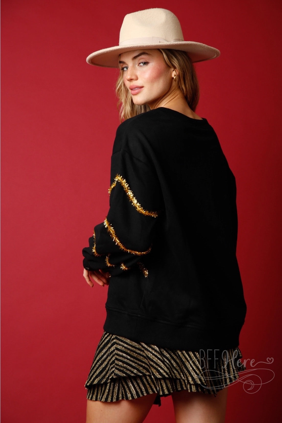 Deck the Halls: Christmas Tree Sequin and Lurex Stripes Sweatshirt - BFF Here