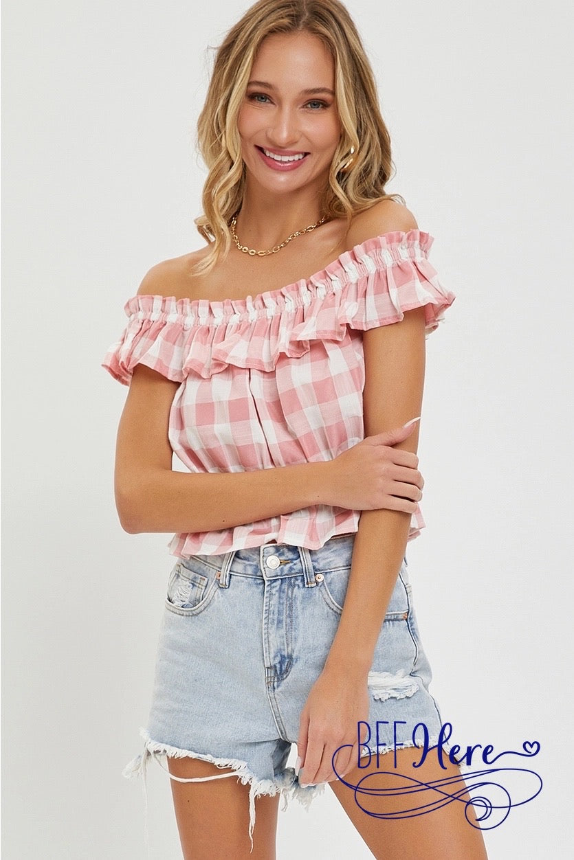 Pretty in Pink Gingham Off-Shoulder - BFF Here