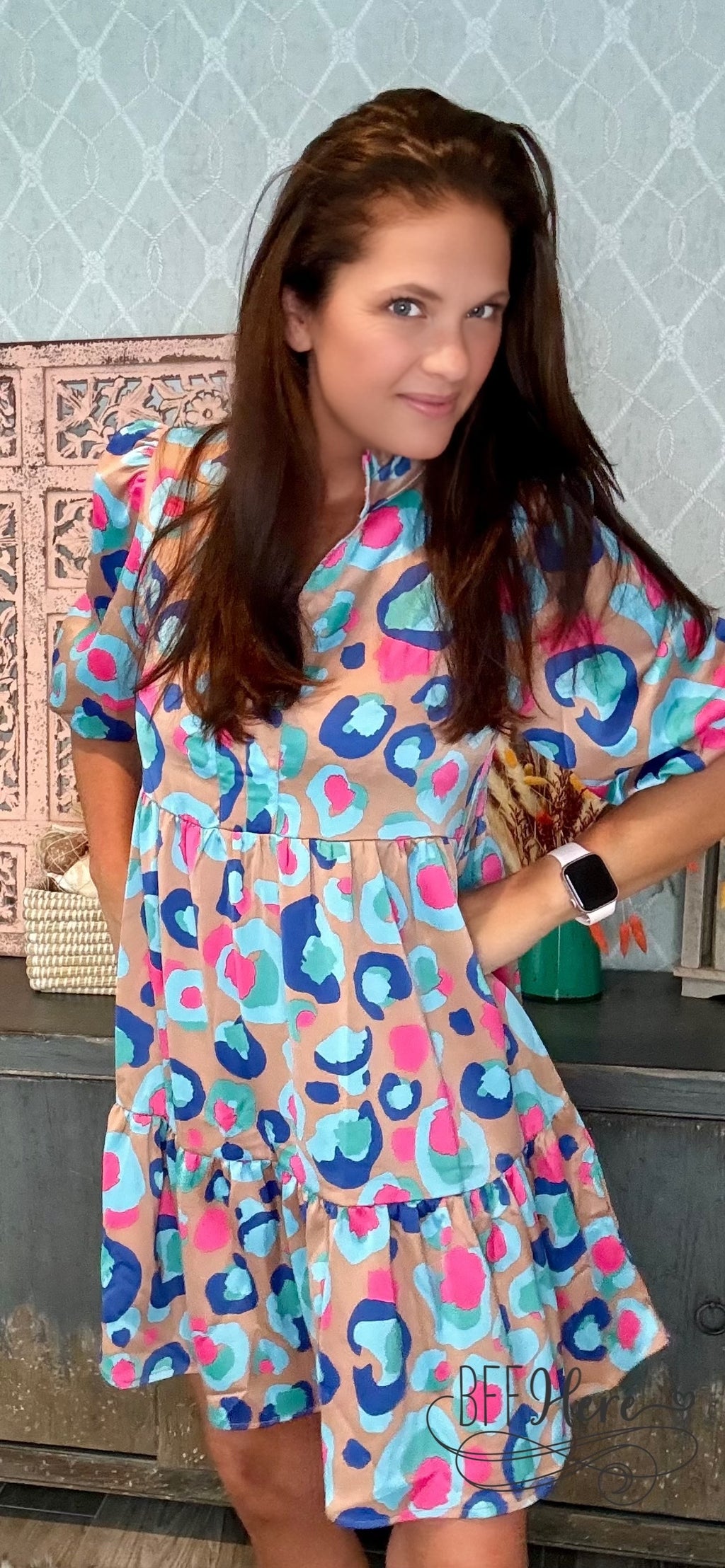 Palette Pop: Abstract Leopard Ruffle Dress - BFF Here