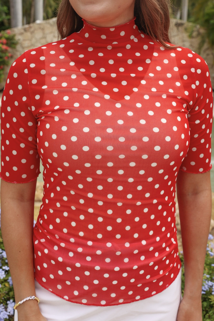 PREORDER: Kora Short Sleeve Mesh Top / Red Polka Dot (ETA: February)