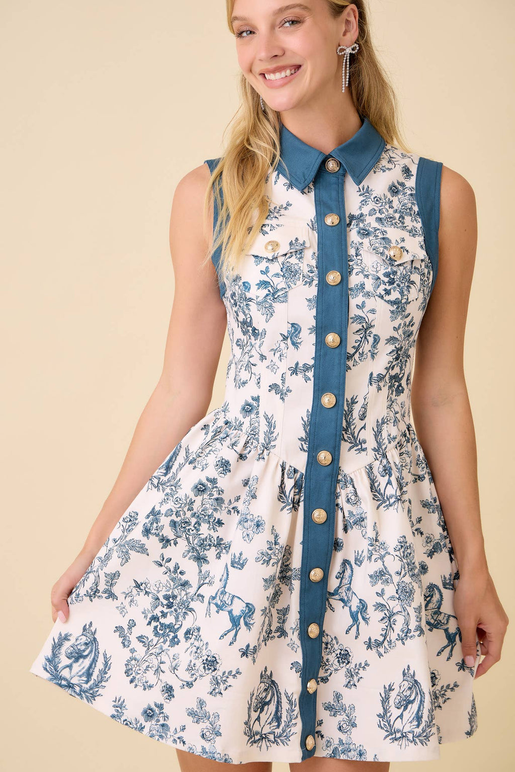 Vintage Horse Toile Print Denim Mini Dress - BFF Here