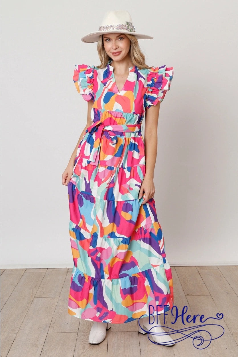 Abstract Artistic Flair: Ruffled Maxi Dress - BFF Here