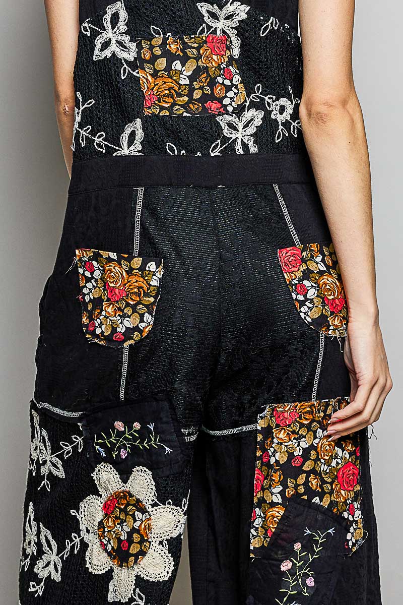 Floral Patch Stitch Detail Wide Leg Woven Overalls by POL (Ships 2-3 weeks) - BFF Here