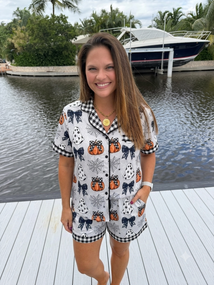 PREORDER: Fall Button Down PJ Set / Pumpkin Bow by Shirley& Stone (ETA: September)