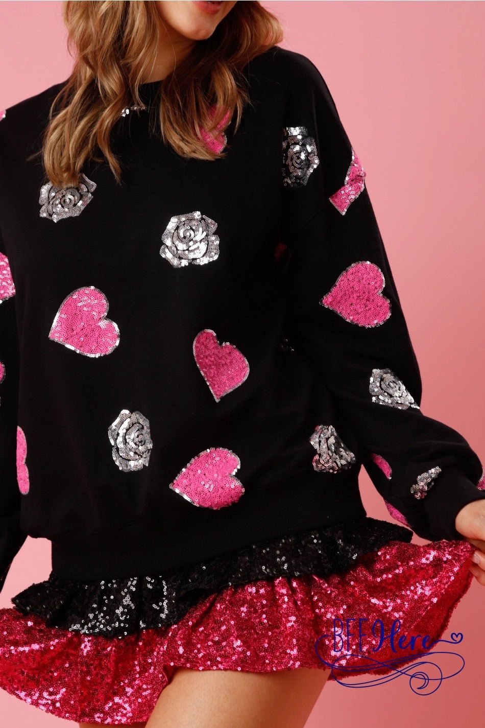 Rosy Romance: Sequined Rose and Hearts Pullover - BFF Here