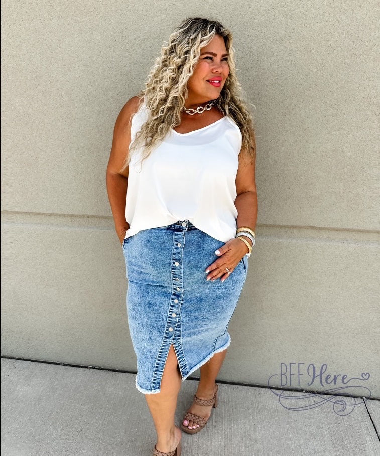 PREORDER: Denim Dreams: Asymmetrical Front-Button Denim Skirt  (Ships Middle Of October) - BFF Here