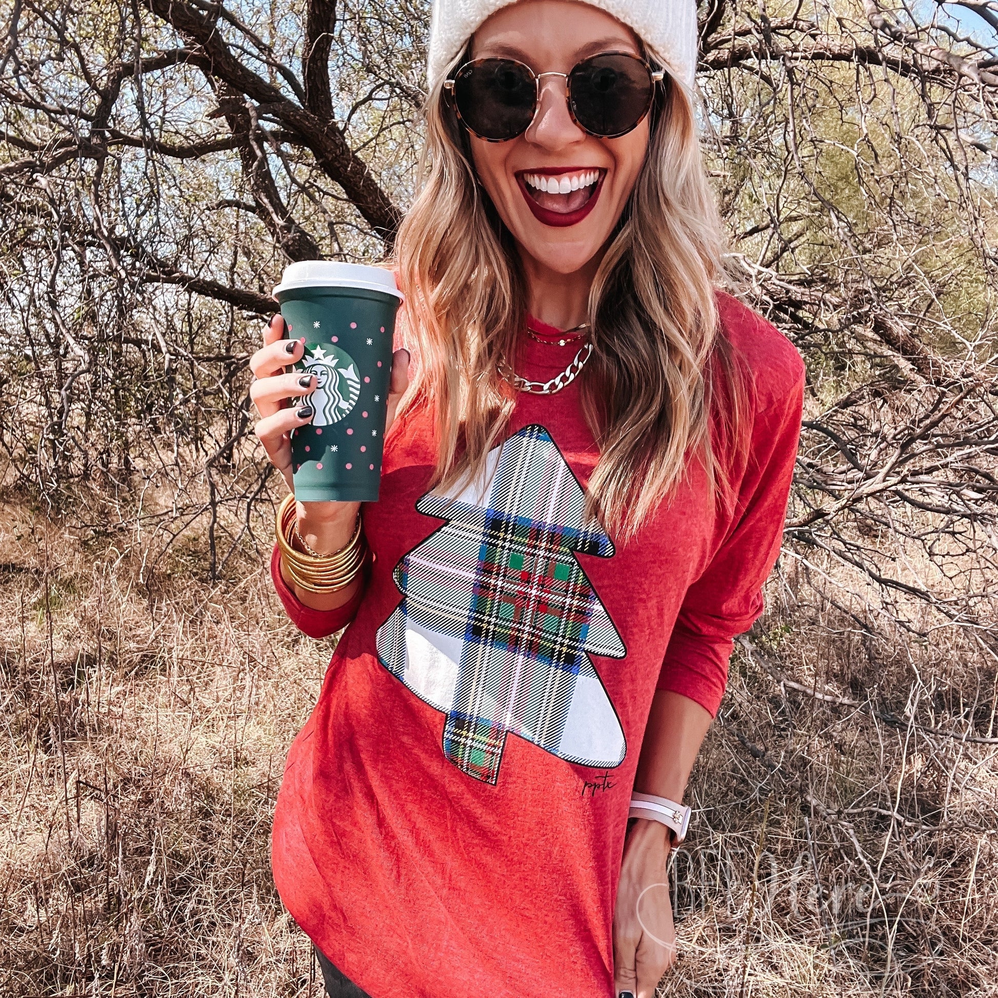 Yuletide Tartan: Cozy Plaid Christmas Tree Long Sleeve Tee - BFF Here