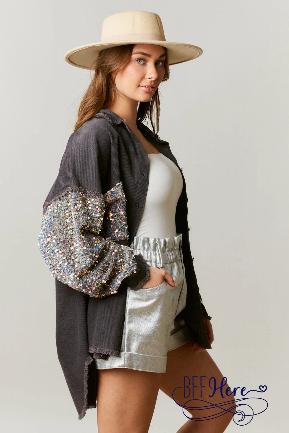 Sequin Sparkle Corduroy Shacket: Embellished Pockets & Sleeves - BFF Here