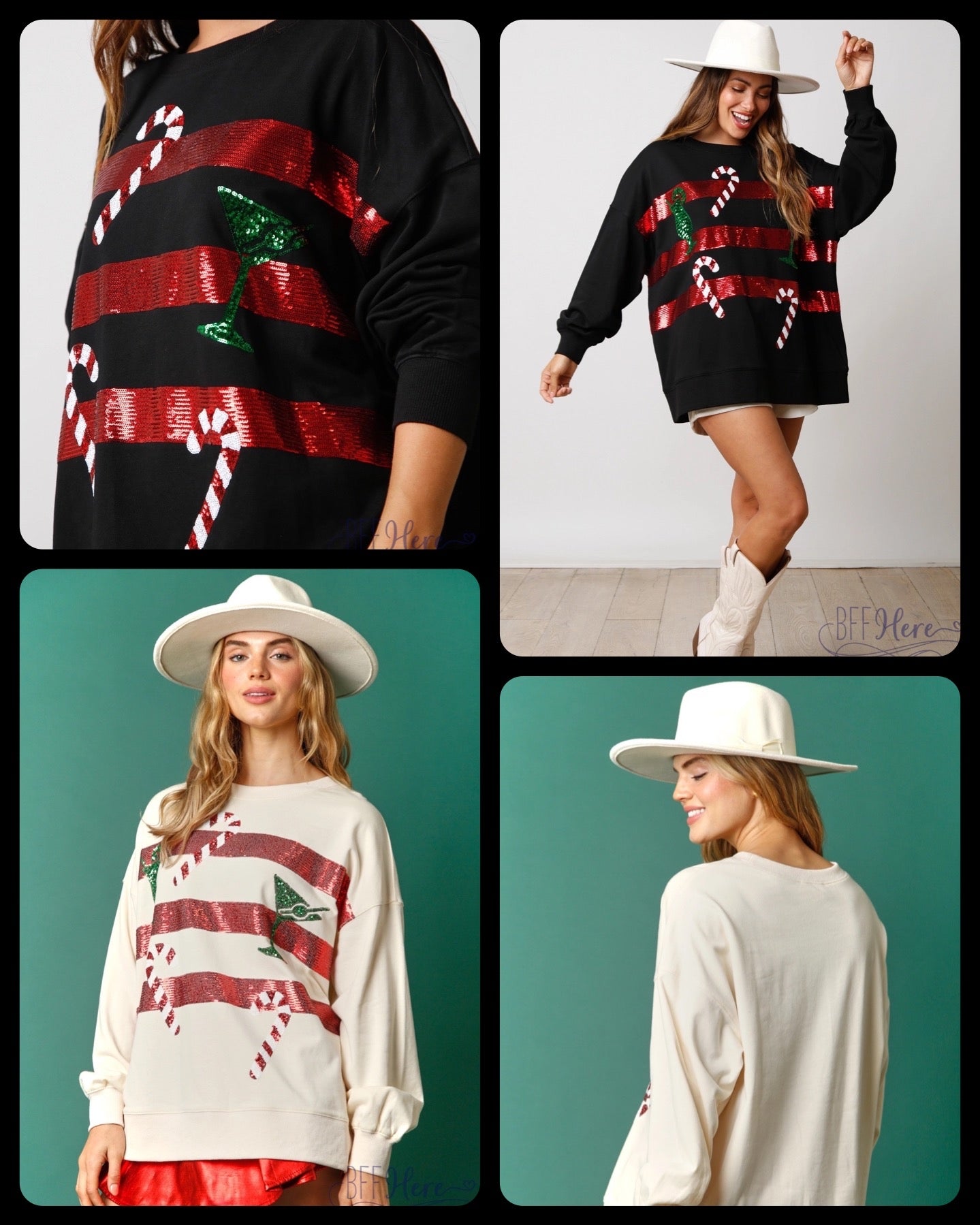 Sips & Stripes: Candy Cane and Holiday Drink Sequin Sweatshirt (Cream Ships Beginning Of November) - BFF Here