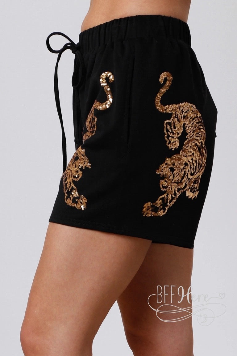 PREORDER: Jungle Glitz: Sequin Tiger Print Shorts / (Ships End of January) - BFF Here