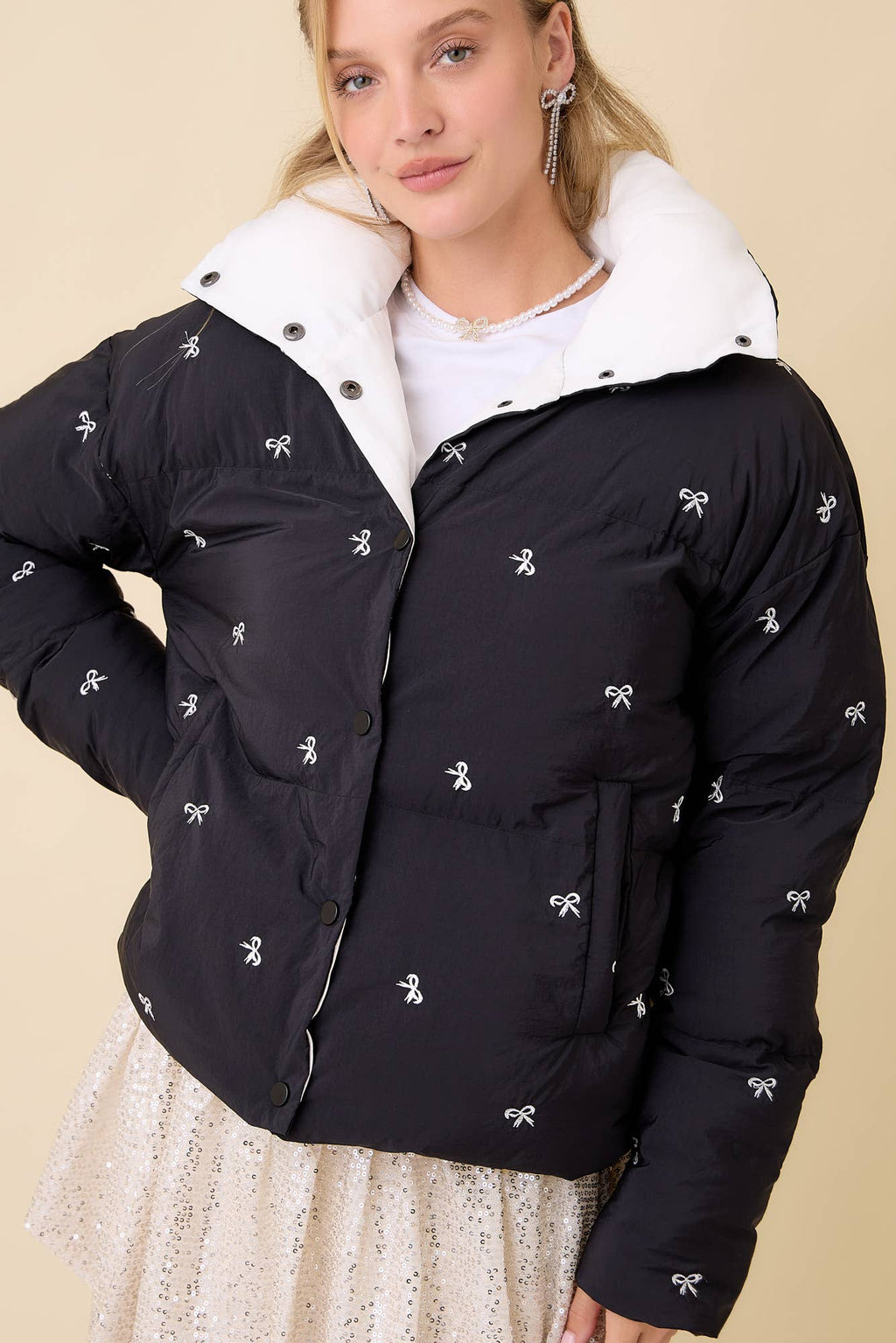 Ribbon Bow Embroidered Puffer Jacket - BFF Here
