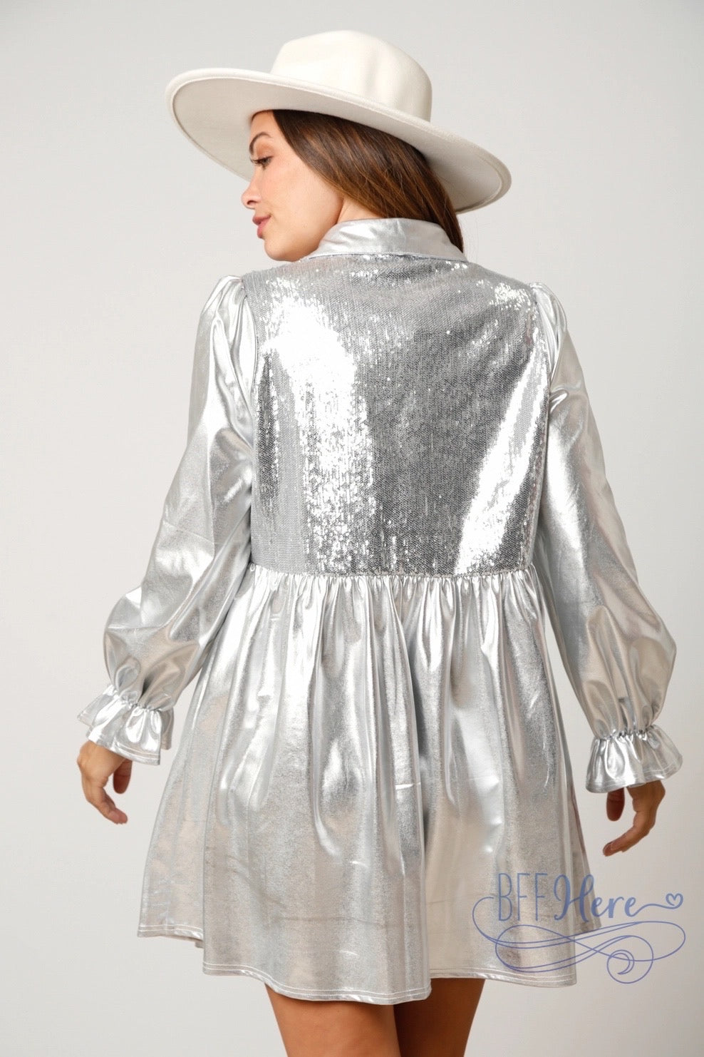 PREORDER:  Winter Wonderland: Metallic Foil Snowflake Babydoll Mini Dress (Ships Middle Of November) - BFF Here