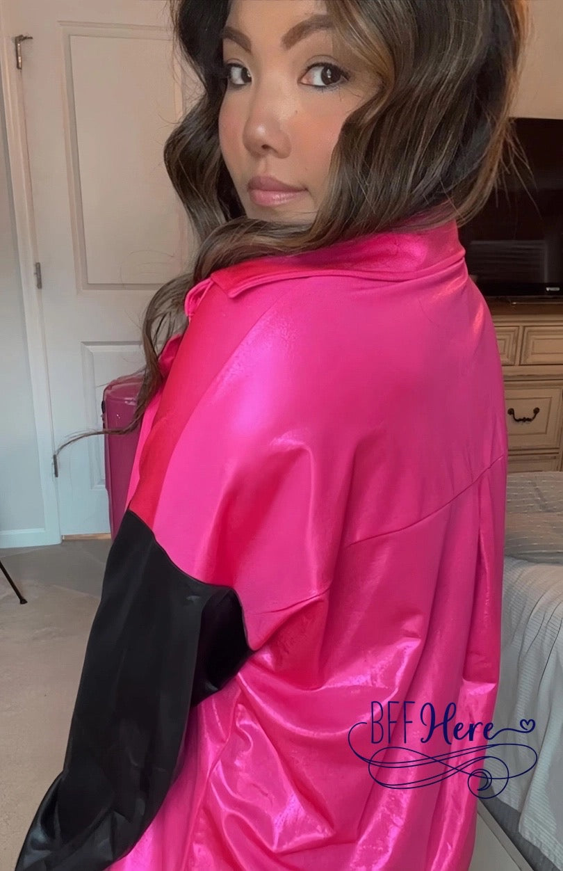 Vibrant Vogue: Hot Pink & Jet Black Pebble Leather Chic Button-Up - BFF Here