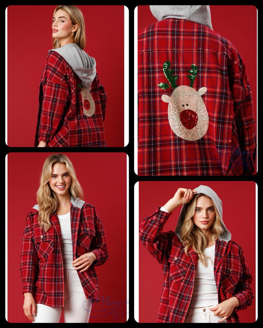 PREORDER: Rustic Glam Sequin Reindeer Plaid Flannel Shacket (Ships Beginning of November) - BFF Here