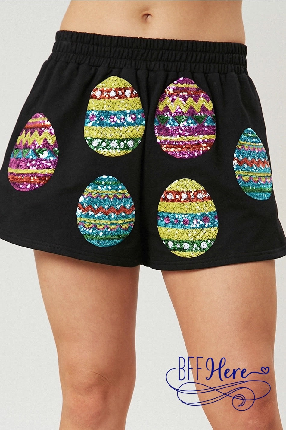 PREORDER: Hop into Style: Sequin Easter Egg Shorts (Ships End of February) - BFF Here