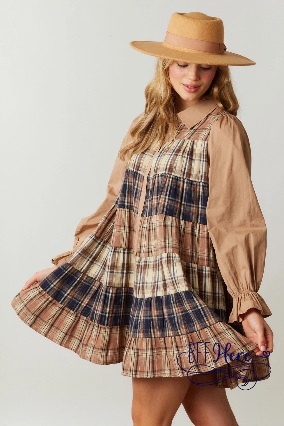 Checkered Charm: Plaid Block Shirt Dress - BFF Here