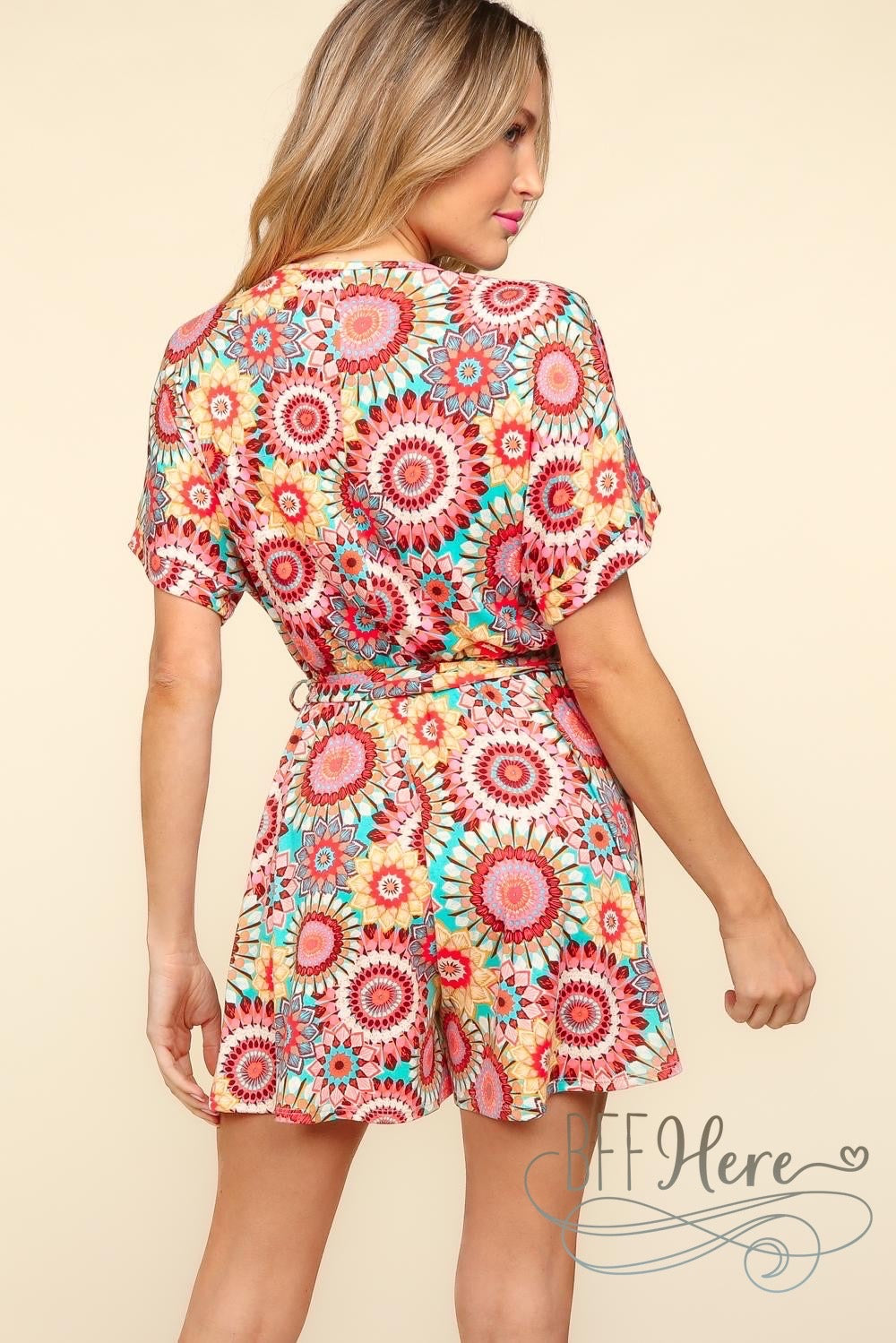 PREORDER: Sunset Mosaic: Vibrant Print Wrap Romper (Ships End of May) - BFF Here