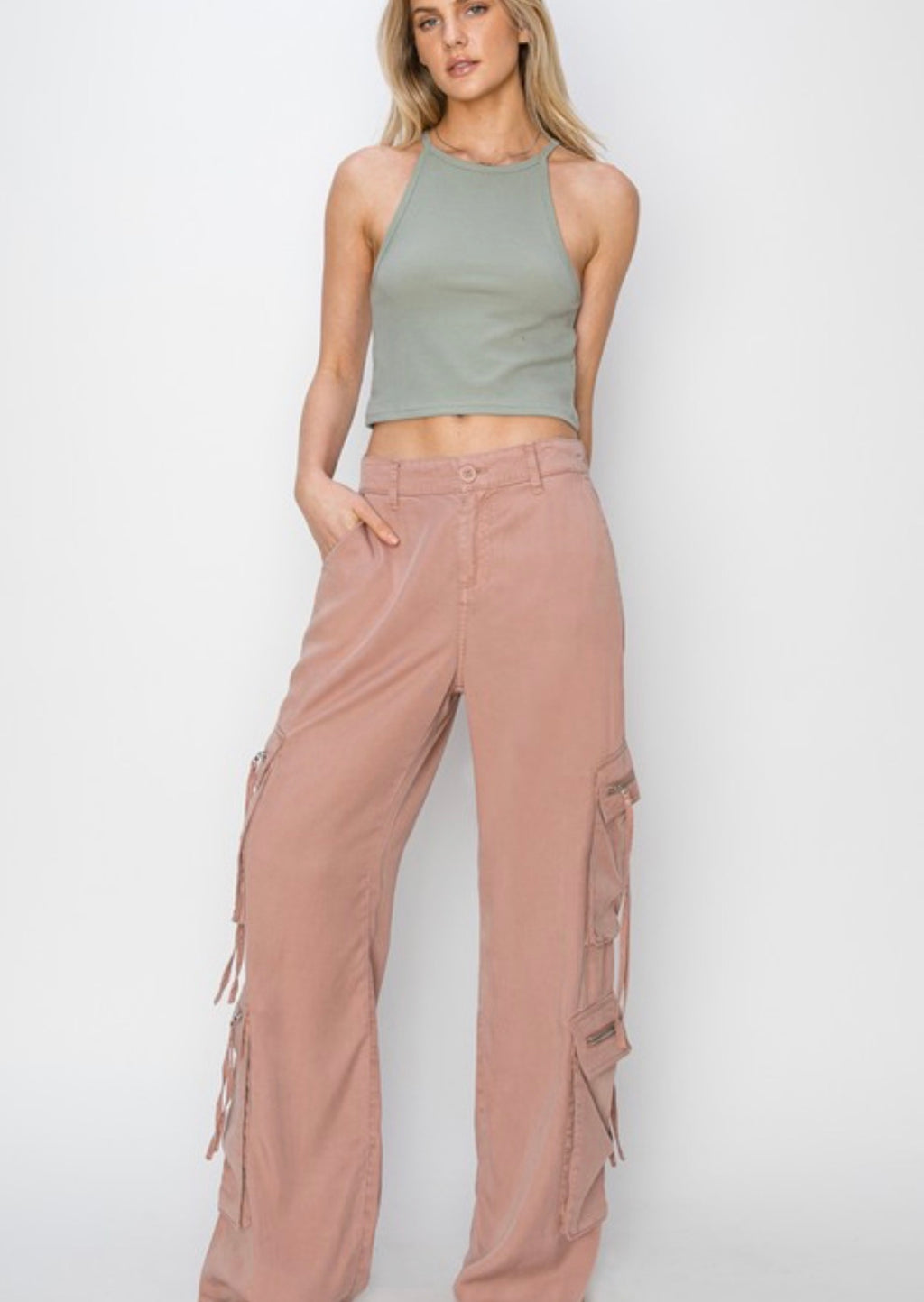 High Rise Tencel Multi Cargo Pants by Risen Jeans (Ships 2-3 weeks) - BFF Here