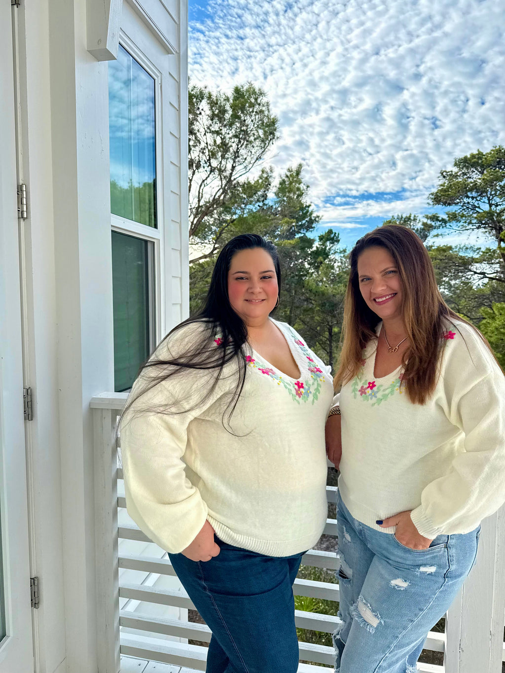 Relaxed Fit V Neck Sweater with Floral Embroidery by Sew In Love (Ships 2-3 weeks) - BFF Here