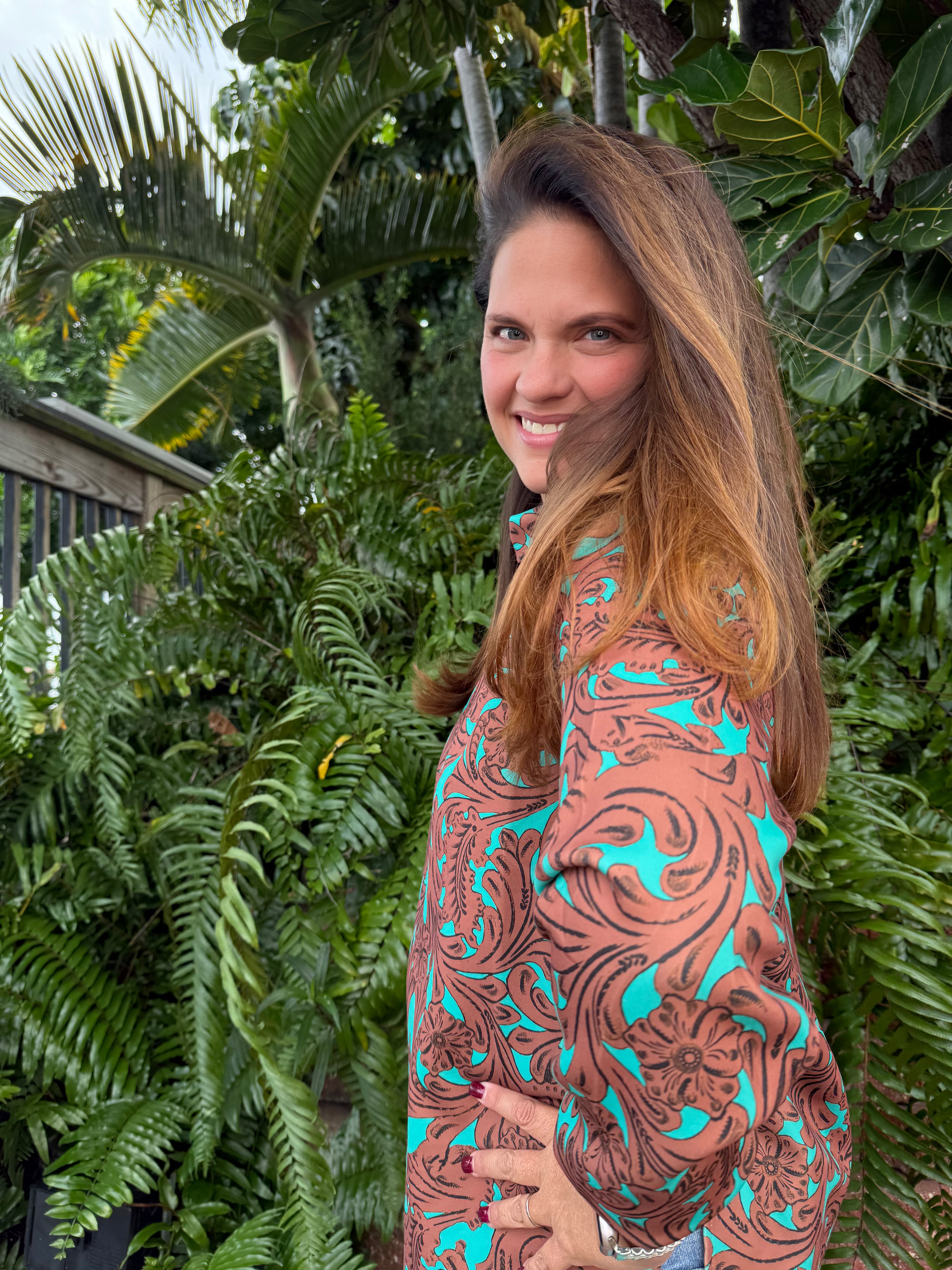 Turquoise Tooled Mock Neck Top by Sterling Kreek - BFF Here