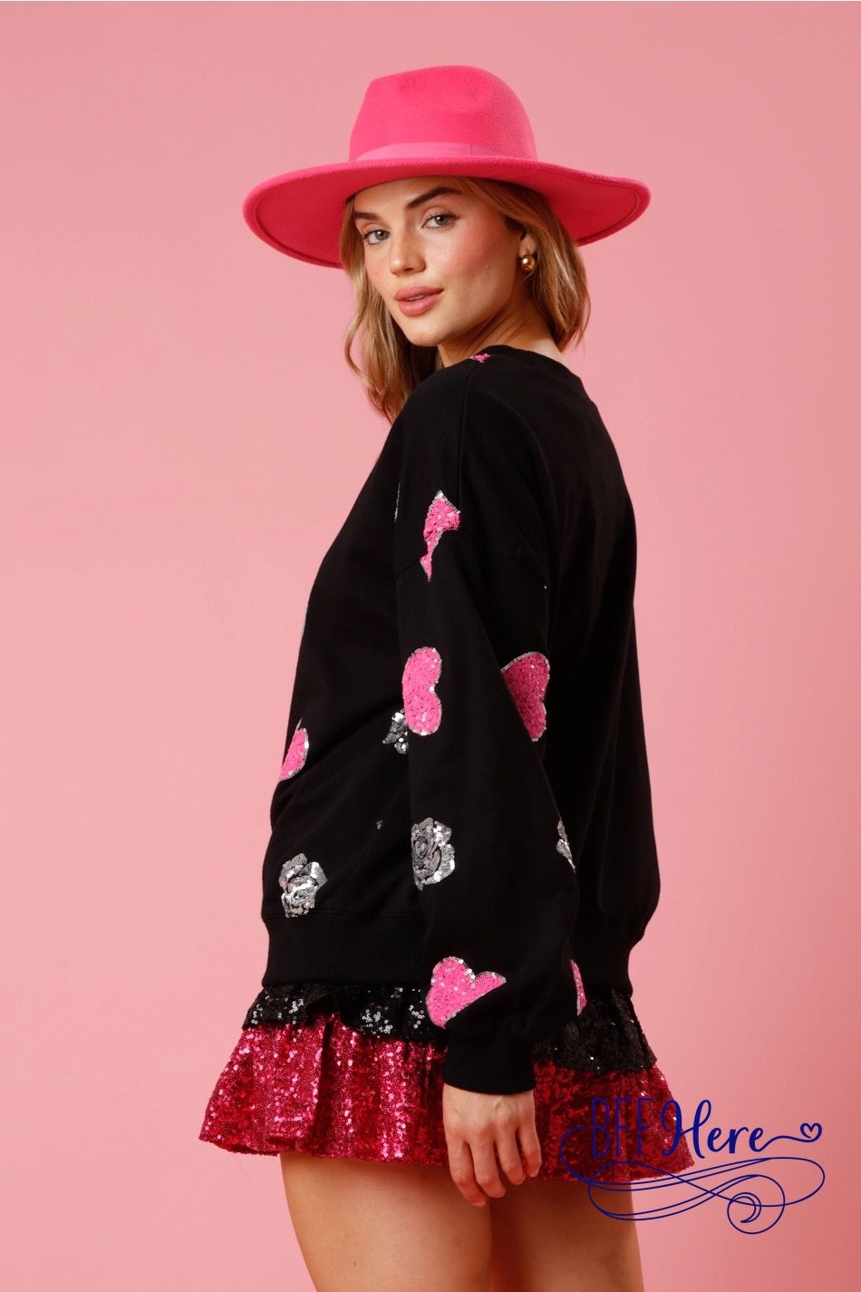 Rosy Romance: Sequined Rose and Hearts Pullover - BFF Here