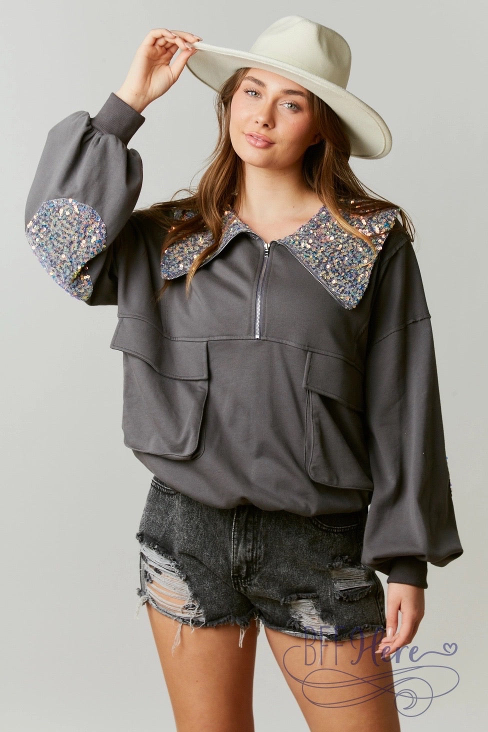 Elegant Fusion: French Terry & Sequin Half-Zip - BFF Here