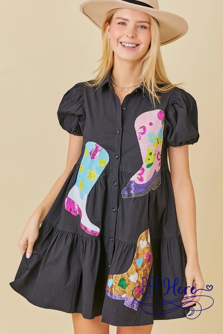 PREORDER: Midnight Sparkle: Black Dress with Sequin Boots (Ships Middle of February) - BFF Here