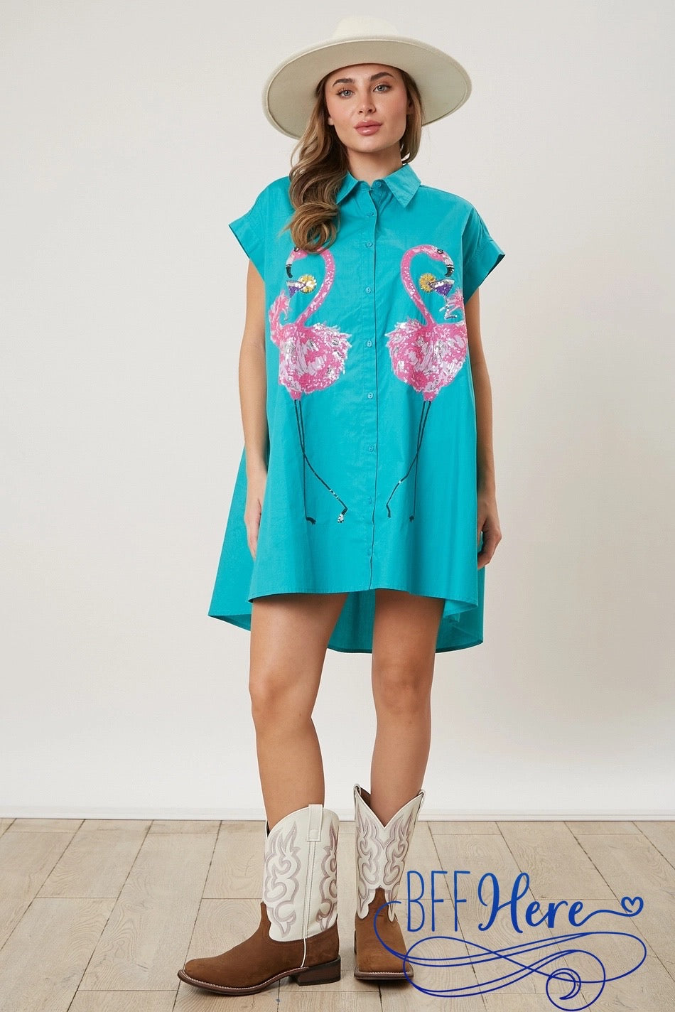 PREORDER: Glittering Flock: Sequin Flamingoes Shirt Dress (Ships End of February) - BFF Here