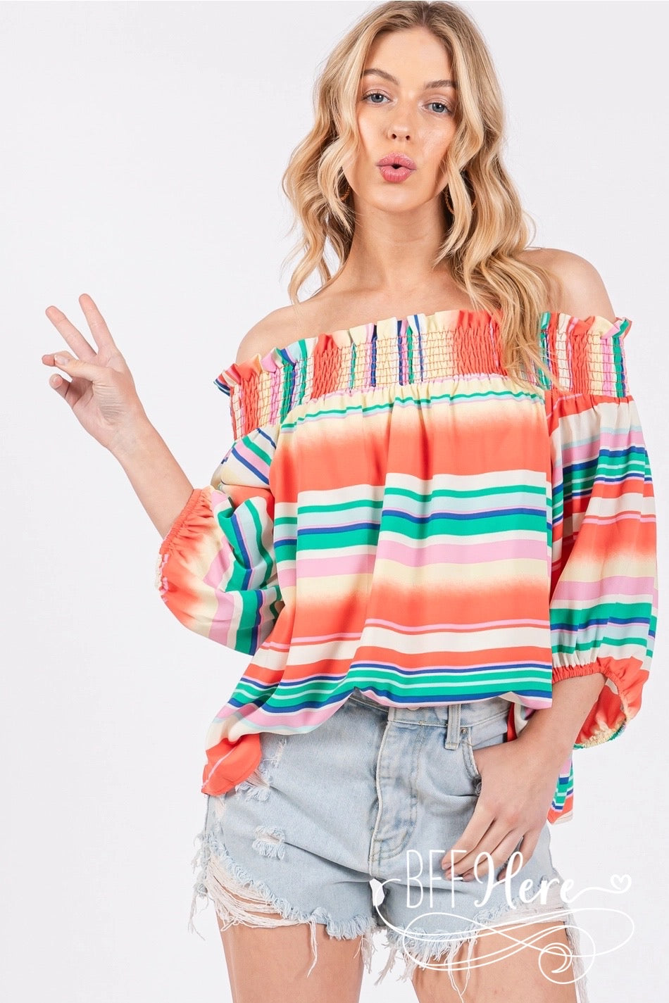 Sunset Stripes: Off-Shoulder Boho Blouse / Choice of Color - BFF Here