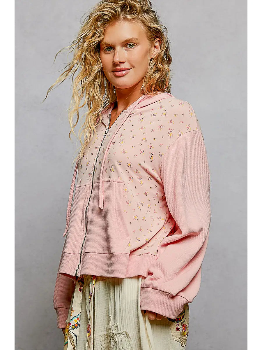 Thermal Contrast Cozy Texture Floral Print Knit Hoodie Top by POL (Ships 2-3 weeks) - BFF Here
