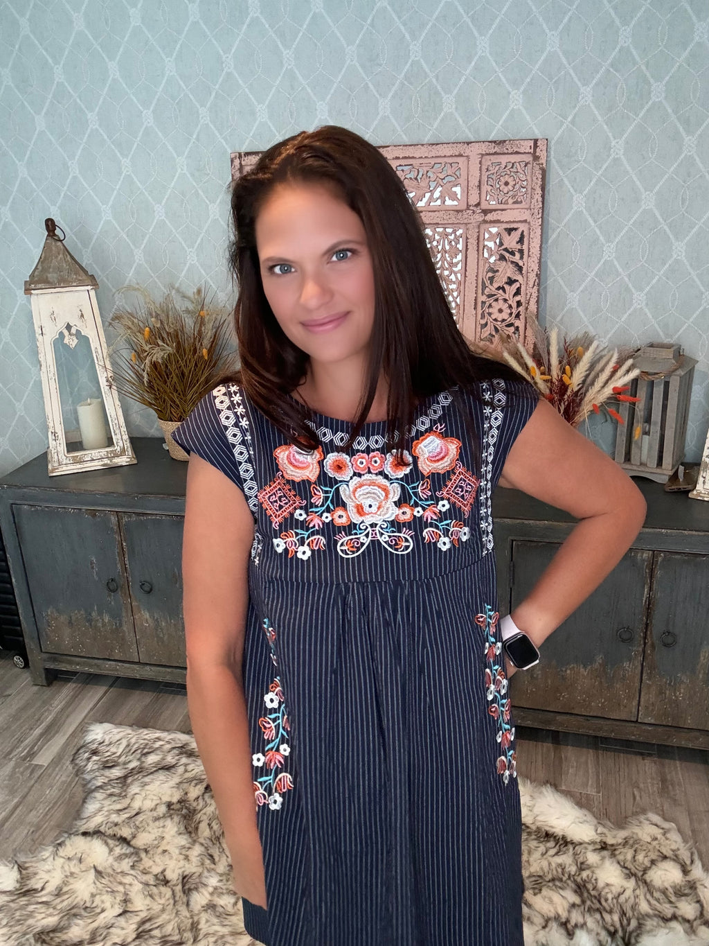 Folk Flair: Navy Sundress with a Pop of Floral Embroidery - BFF Here