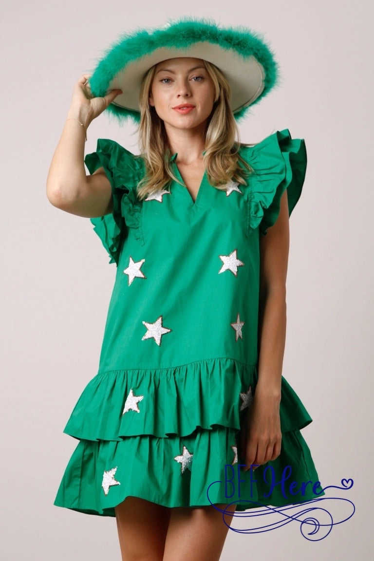 Emerald Twinkle: Sequin Stars Green Tiered Dress - BFF Here