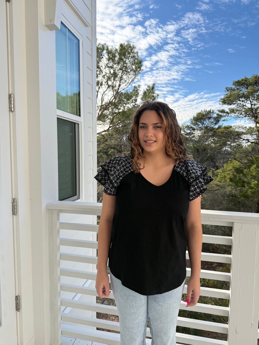 Double Ruffle Sleeve W/ Embroidery Detail Top by Sew In Love (Ships 2-3 weeks) - BFF Here