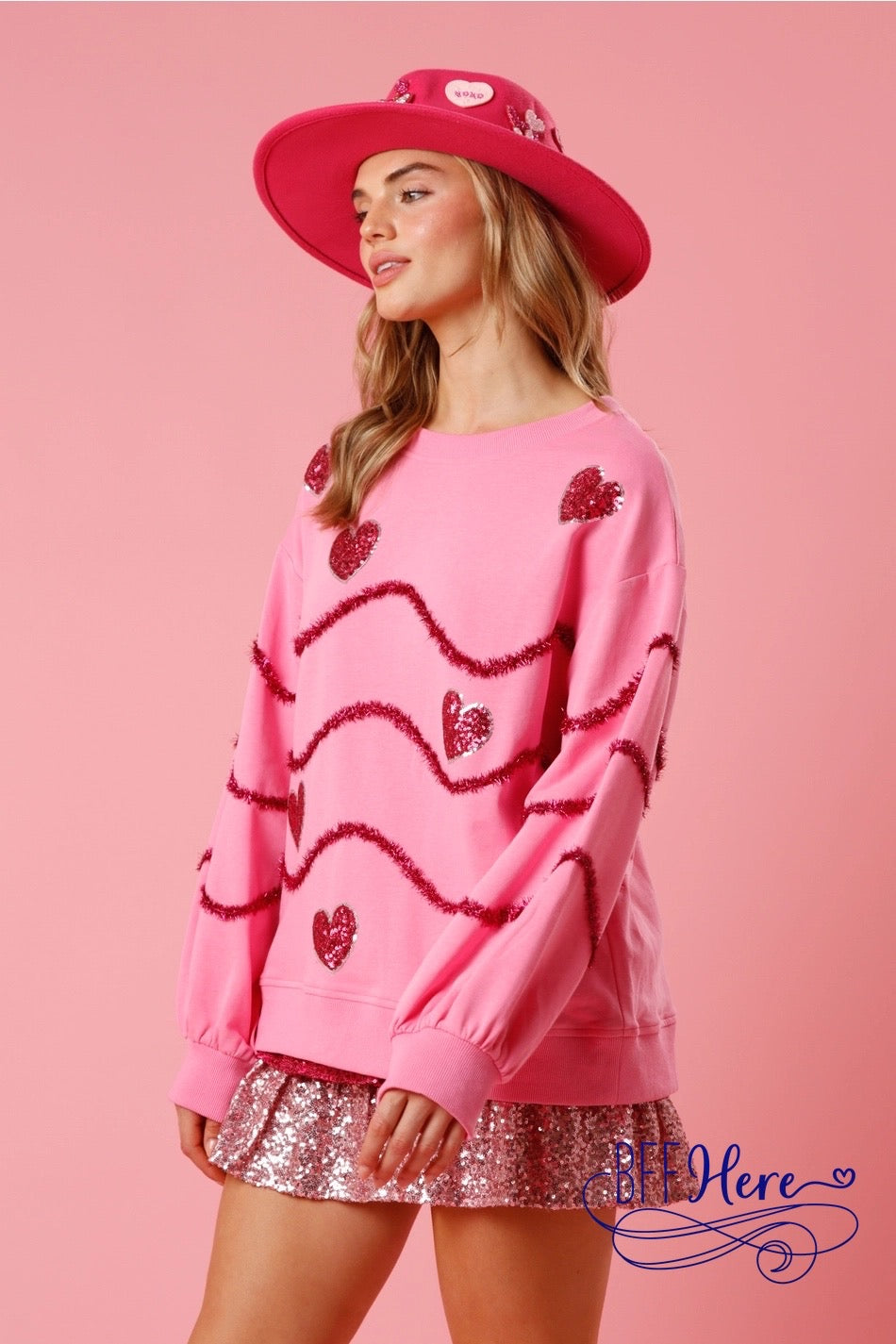 Gleaming Love: Sequin Hearts Sweatshirt - BFF Here